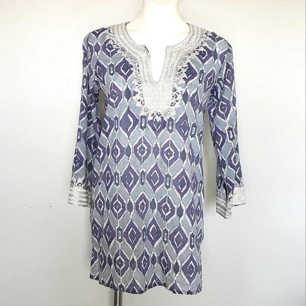 Roberta Roller Rabbit blue ikat silver embellished cotton tunic S